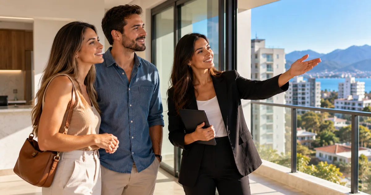 Profissional apresenta a um casal a varanda de um apartamento com vista para prédios, montanhas e o mar