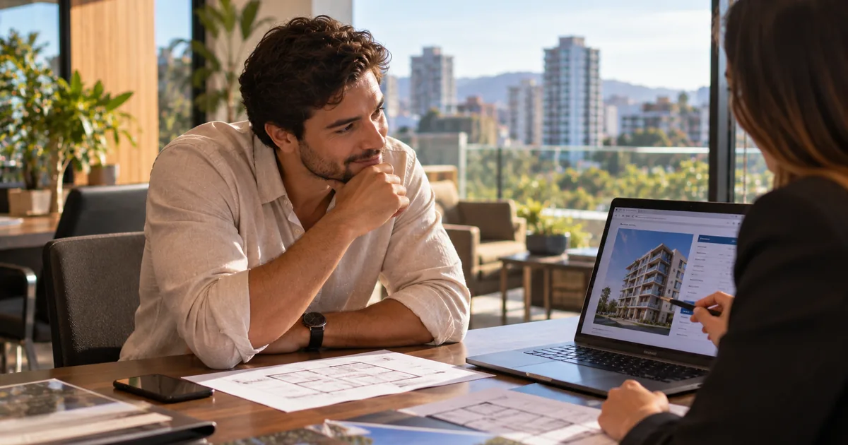 Comprador analisando a carta de pré-aprovação de crédito imobiliário ao lado da documentação de um imóvel