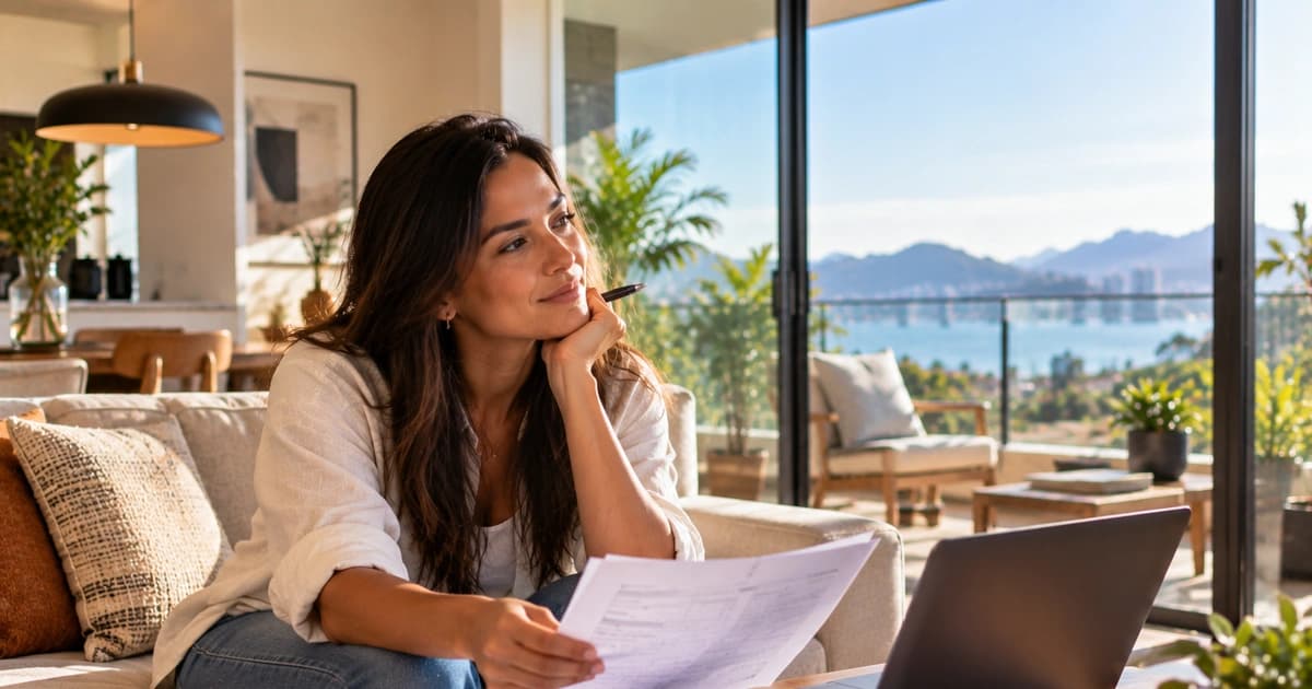 Pessoa revisando extrato de financiamento imobiliário e planejando amortização com vista de Florianópolis ao fundo