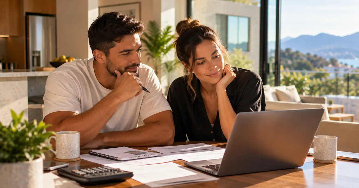 Casal analisando documentos e simulação de financiamento imobiliário em conjunto