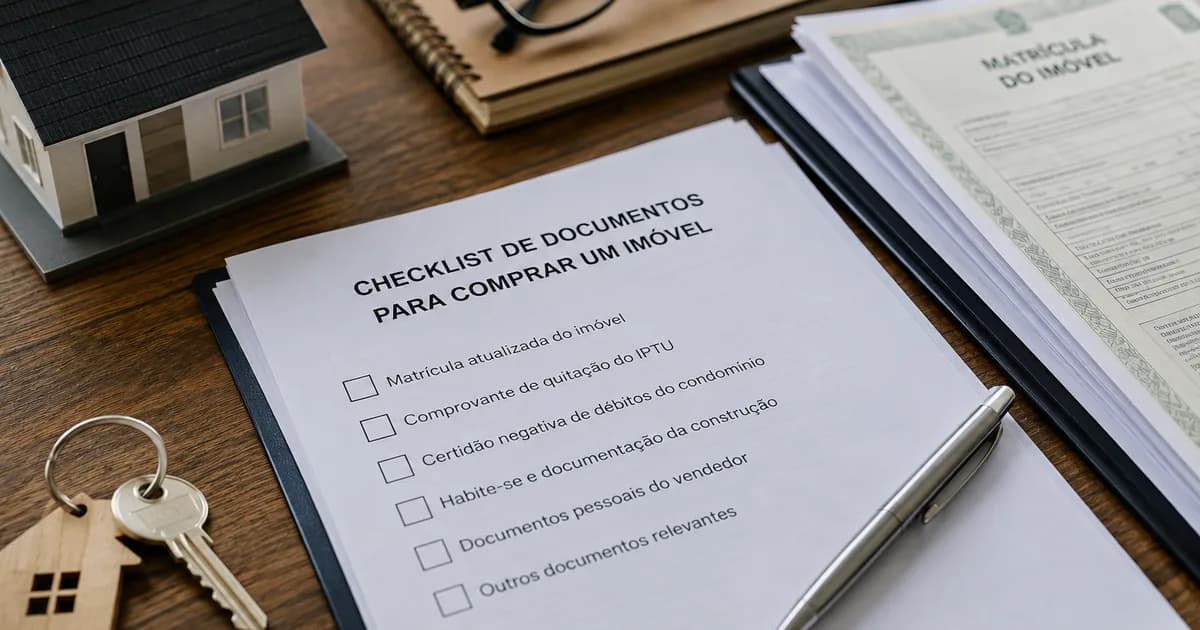 Checklist de documentos para comprar um imóvel, com matrícula, chaves e maquete de casa sobre a mesa