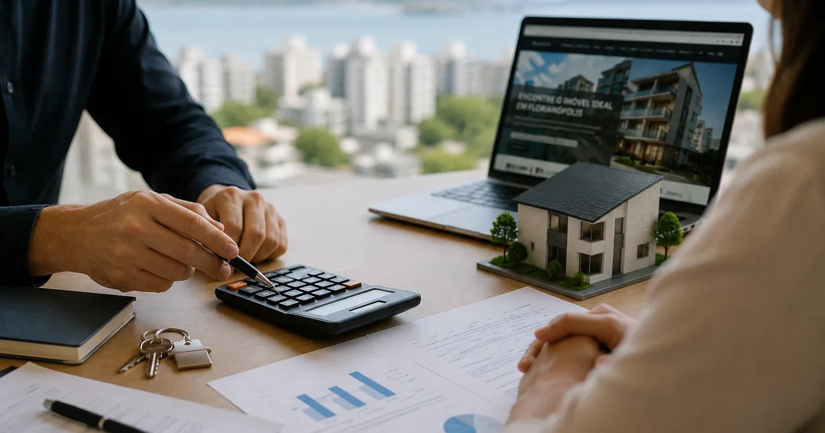 Corretor e cliente analisando calculadora e gráficos de financiamento com vista de Florianópolis ao fundo