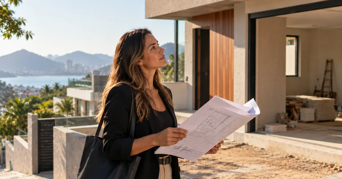 Mulher segurando a planta de uma casa em fase de acabamento, com vista para o mar, analisando a construção antes da compra