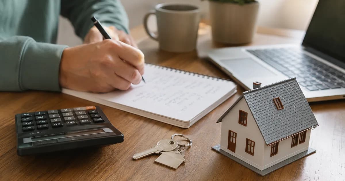 Pessoa calculando custos de compra de imóvel em uma mesa com calculadora, chaves e maquete de casa