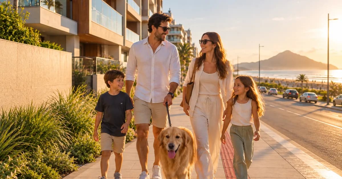Família caminhando com o cachorro por calçada residencial à beira-mar no Sul da Ilha de Florianópolis, ao entardecer