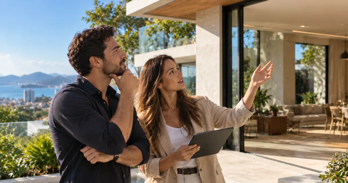 Casal conversando com consultora imobiliária com tablet diante de uma casa moderna com vista para o mar em Florianópolis