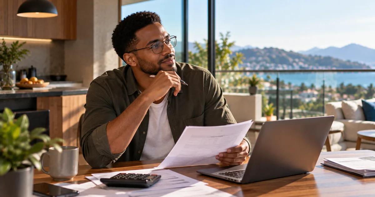 Pessoa analisando planejamento financeiro e simulação de financiamento imobiliário com vista panorâmica ao fundo